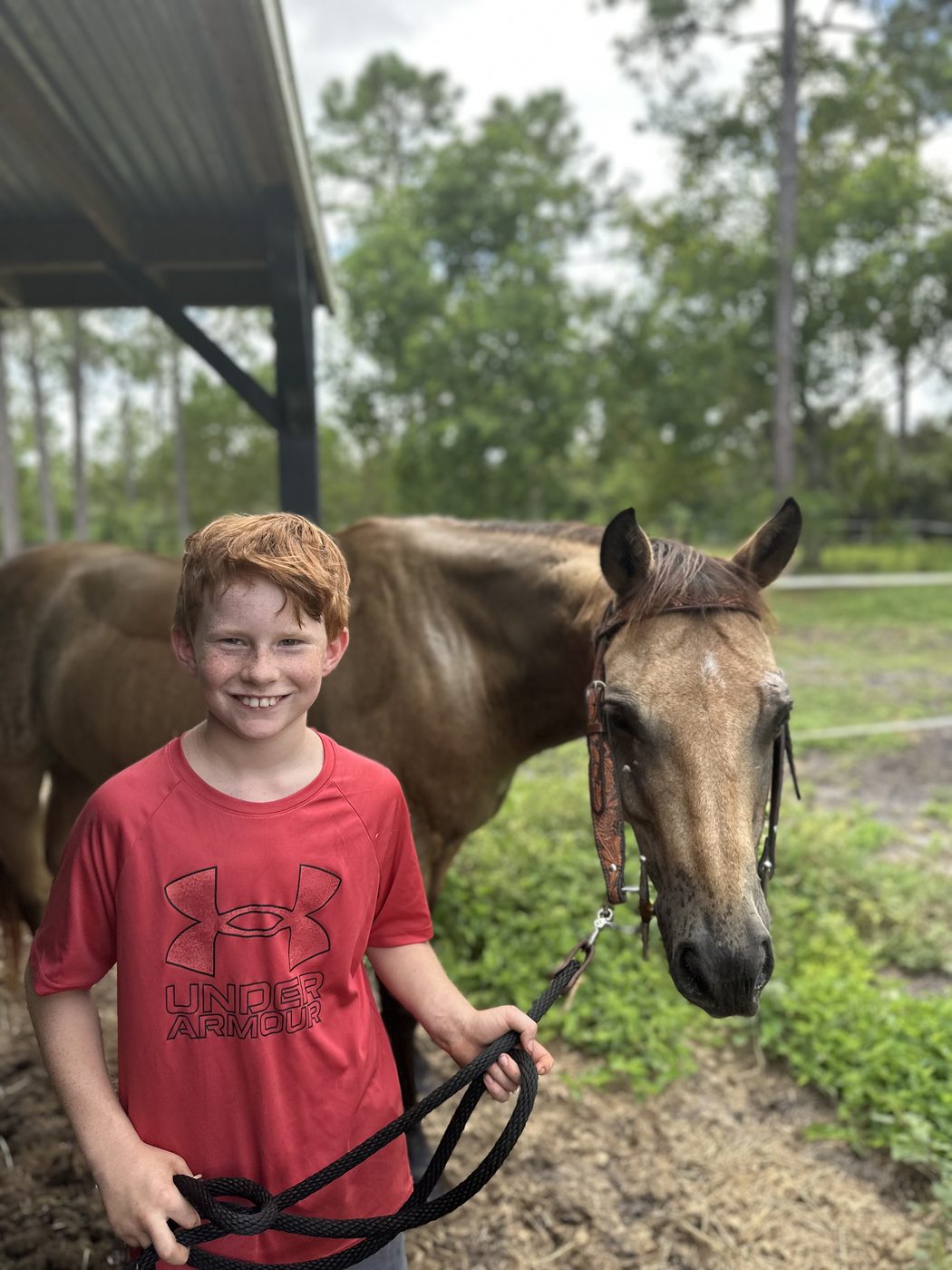 A smiling boy with a dun horse under a shed roof